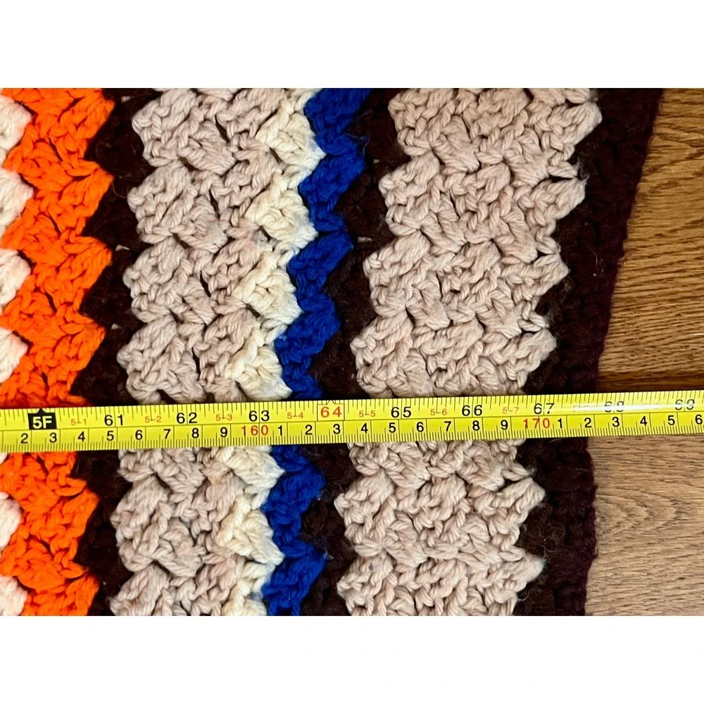 Vintage 70s Crochet Afghan Blanket Throw Orange Blue Tan Stripe Handmade 53x68